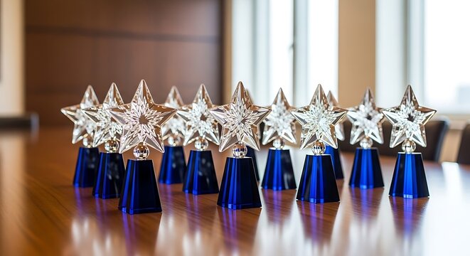A dozen star-shaped trophies on a shiny wooden table, business achievement concept