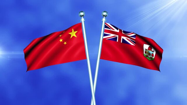 China and Bermuda Flag Waving On Pole Loop