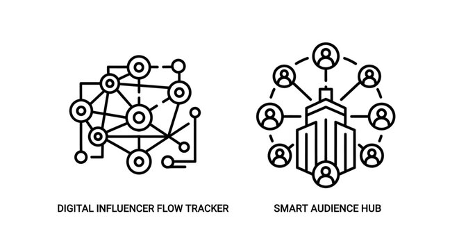 Digital influencer network and smart audience hub corporate icons with audience
