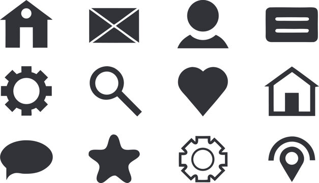 Twelve dark gray web and mobile interface including home, mail, user, chat, gear, and star