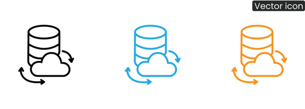 Vector icons of database syncing with cloud storage in three colors, ideal for app, web, or software design