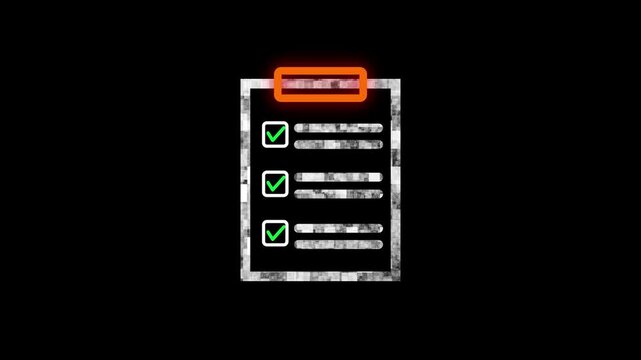 Glitched clipboard with green check marks on black. These check marks have noise. A glitched checklist for cyber threat detection and digital error fixing animations.