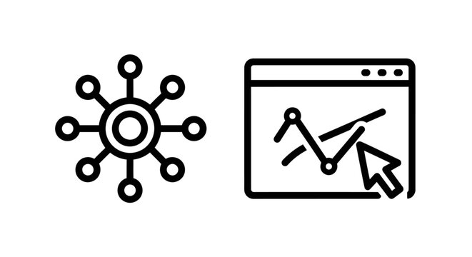 Digital network hub and data analytics browser line icon set with analytics