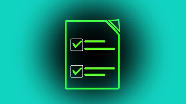 Neon green outline of a document with two check marks. This document is for tech. Use this document for digital contracts and smart block chain agreement clips.