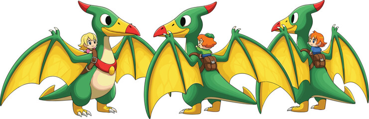 Cartoon Dragon with Yellow Wings and Adventurous Riders for Fantasy and Animation Designs © MdMonirul