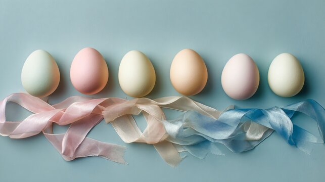 A delicate flat lay of pastel eggs arranged symmetrically with silk ribbons under bright studio lighting