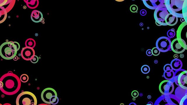 3d render Neon rings creating dynamic visuals. Bright energetic bubbles form vibrant backdrop for visuals. Animated neon ring cascade produces lively retro atmosphere for social media and DJ