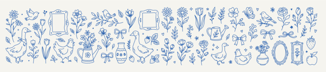 Coquette spring illustrations and cottage aesthetics elements. Cute hand drawn garden and field flowers, bow, birds, goose, chicken, strawberry, watering can, leaves, vases, frames. Line art floral © Palung