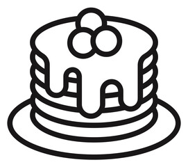 Stack of delicious pancakes with dripping maple syrup and fresh berries on a plate, minimalist black line art vector icon illustration for breakfast menus, food apps, and culinary designs. © Hira