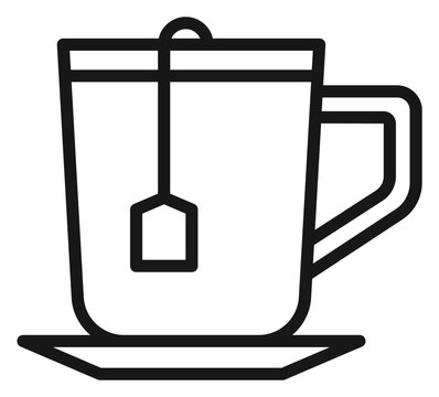 Minimalist black line vector icon of a tea cup with a tea bag and saucer, isolated on a white background. Perfect for cafe menus, breakfast branding, and hot beverage graphic design projects.