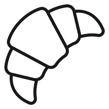 Minimalist black line art vector icon of a fresh croissant pastry, isolated on white background. Simple silhouette illustration of a French bakery breakfast food item for graphic design.