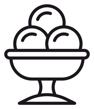 Minimalist black line art vector icon illustration of three scoops of ice cream served in a sundae bowl, perfect for food, dessert, and cafe-related graphic design projects and menus.