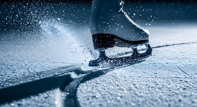 A sharp ice skate blade making a turn on a frozen surface, splashing ice fragments into the air. This evocative image highlights the intensity and cold beauty of ice-based athletics