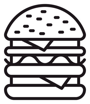 Double decker cheeseburger vector icon illustration. Minimalist black line art symbol of a delicious fast food hamburger with sesame seeds, cheese, and lettuce. Scalable graphic design element.