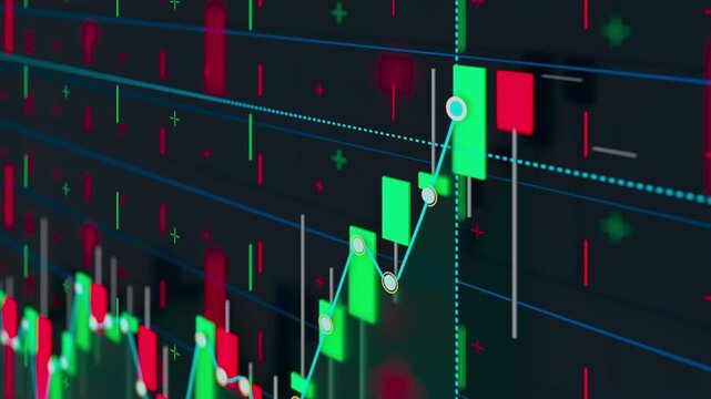 Candlestick charts in neon green and red track across a dark digital dashboard in a seamless loop. Forex analytics, crypto trading, global markets, or inflation trends
