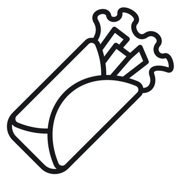 Black line art vector illustration of a delicious burrito, shawarma, or wrap sandwich filled with fresh lettuce and ingredients, minimalist food icon for restaurant menus and web design.