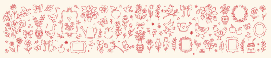 Coquette spring illustrations and cottage aesthetics elements. Cute hand drawn garden and field flowers, bow, birds, goose, chicken, strawberry, watering can, leaves, vases, frames. Line art floral © Palung