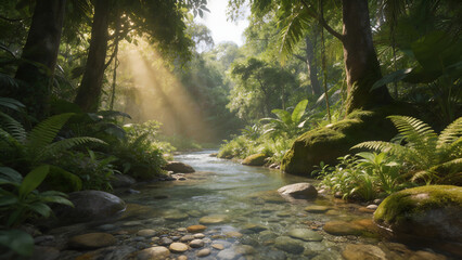 Obraz premium Sunlit stream in lush jungle