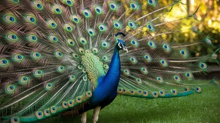 Obraz premium majestic peacock displaying vibrant feathers in green grass