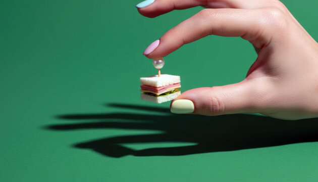 Hand holding tiny layered  tiny sandwich between fingers. Fast food vs gourmet vs wellness mini food concept