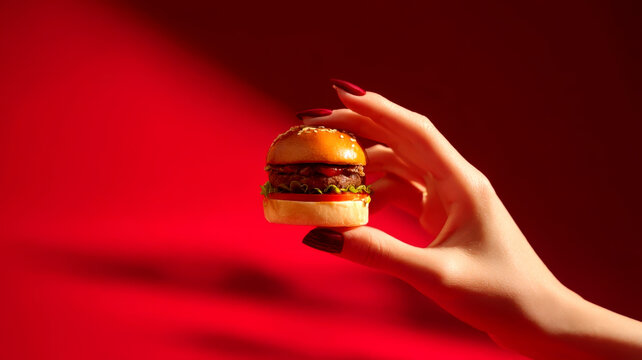 Hand presenting mini burger in dynamic red gradient scene with bold lighting. Street food concept for modern advertising branding snack campaigns and vibrant food visuals
