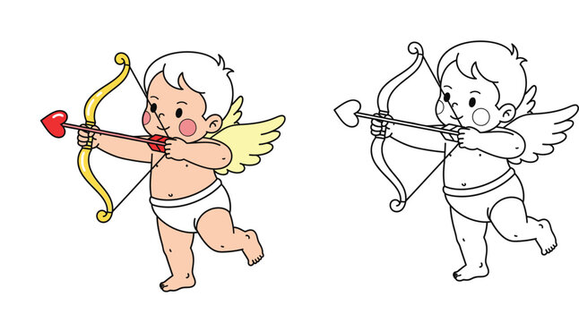 Cute Cupid Illustration Set for Valentine's Day - Colored and Line Art Versions of Baby Angel with Bow and Heart Arrow for Coloring Books and Romantic Greeting Card Designs