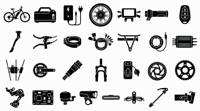 Electric Bike Icons. Electric biking. Solid icon set of electric biking: e-bike, battery pack, charger, motor hub, display panel, throttle, key fob, kickstand,