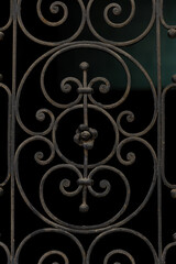 Ornamental wrought iron pattern with vintage scrollwork design, decorative metal gate detail with symmetrical curves on dark background © Design