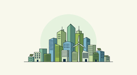 Fototapeta premium A modern cityscape featuring skyscrapers, a wind turbine, and solar panels