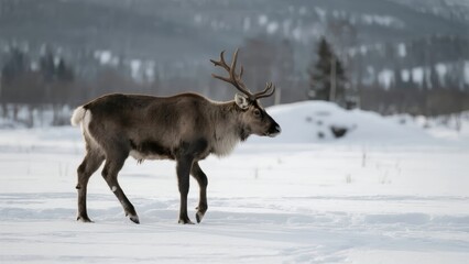 Obraz premium A reindeer with large antlers walking across a snowy landscape in winter