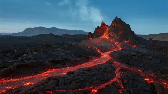 Active volcano erupting with flowing lava at dusk, illuminating the surrounding volcanic landscape