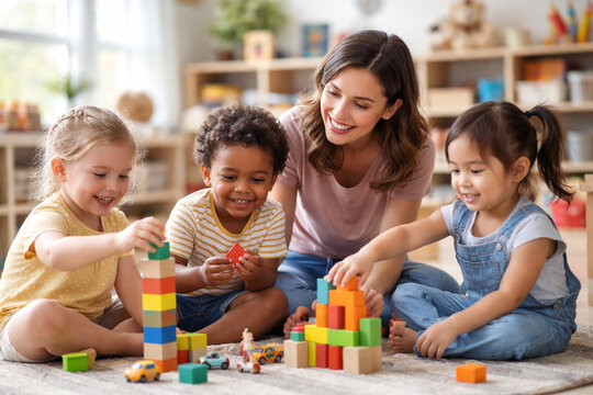 Childhood Joy: A compassionate educator facilitates a captivating session of play with a group of young learners in a bright and inviting learning environment.
