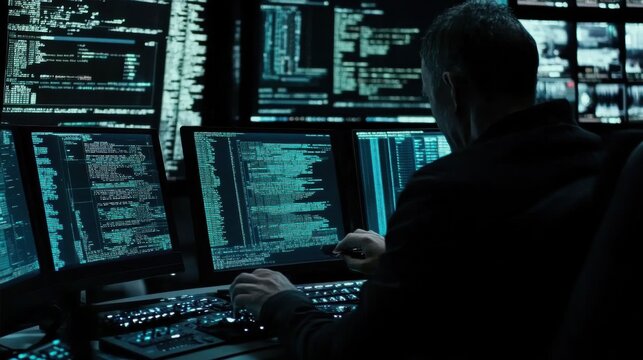 Programmer coding on multiple screens with cool lighting