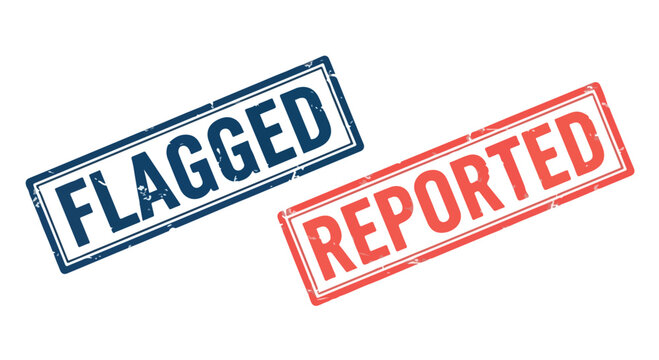 Close-up of a digital screen displaying a flagged and reported message with bold stamps indicating content moderation