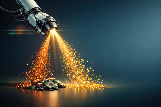 Robotic e-waste sorting arm with spectrometry beam separating copper and gold particles from electronic components in minimalist studio void visualizing precision recycling technology
