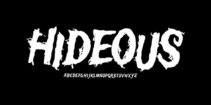 Hideous Typeface: A gritty horror brush font. Bold distressed display for scary movie titles, Halloween posters, and dark branding.