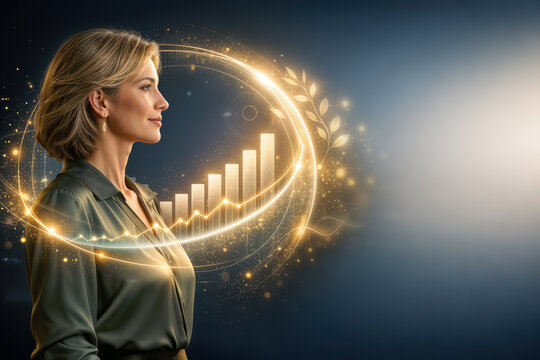 Menopause economy femtech wellness halo portrait of elegant midlife woman with holographic rising market graph symbolizing menopause health midlife wellness aging gracefully health equity
