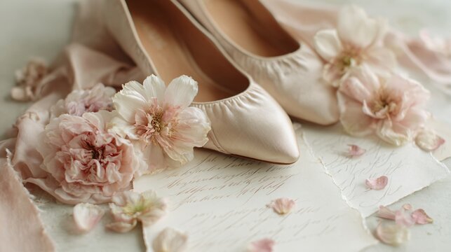 A soft blush silk flat lay styled with handwritten spring notes and delicate floral petals in natural window light