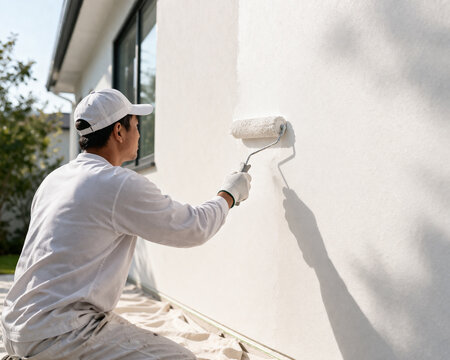 Man Painting House Exterior: A diligent professional painter in the midst of revitalizing a home, expertly applying a fresh coat of paint to the exterior wall, the epitome of home improvement.