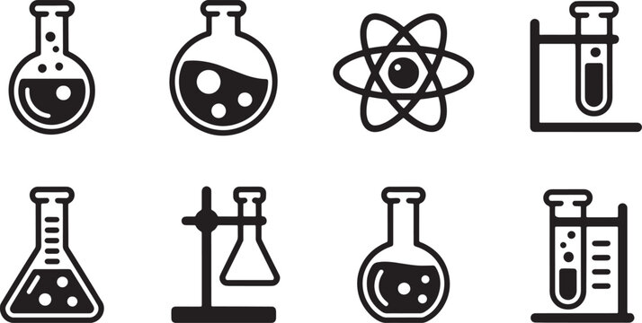 Chemical laboratory symbols with erlenmeyer flasks round bottom beakers and test tubes for pharmaceutical science study. vector illustration