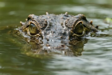 Obraz premium Close-up of a crocodile's eyes and snout partially submerged in water
