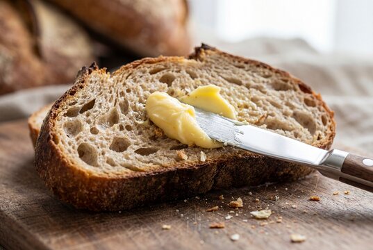 Spreading Creamy Butter on Fresh Sourdough Bread Macro