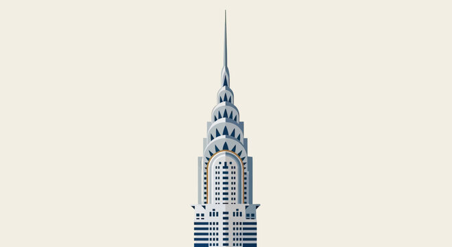 Iconic skyscraper with tiered setbacks and a pointed spire