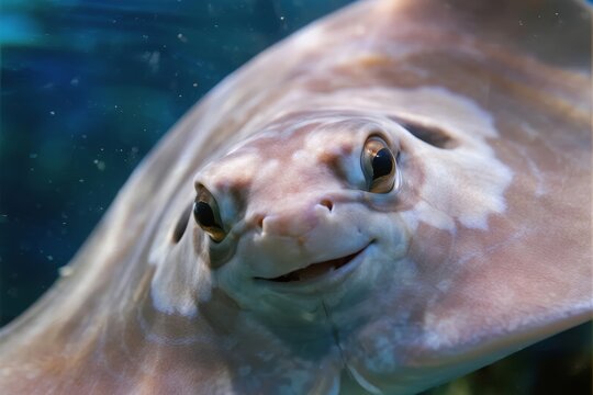 Close-up of a stingray's face underwater, showing its eyes and mouth in detail