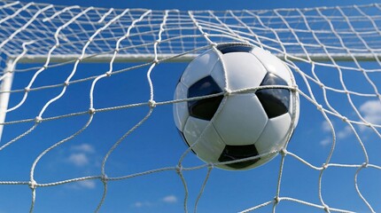 Naklejka premium Classic soccer ball Football tearing through goal net on a bright day, goal in soccer