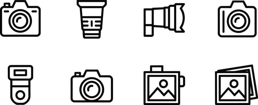 camera, photography, icon, vector, set, outline, lens, equipment, photo, symbol, technology, digital, collection, minimal, line, design, graphic, interface, media, illustration
