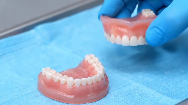 Close-up of dental prosthetics. Two sets of dentures are shown. One set is held by a hand in blue gloves, above the other on a blue surface