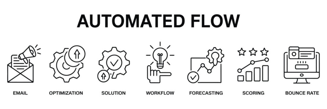 Automated flow banner web icon vector illustration concept for business with email optimization solution workflow forecasting scoring and bounce icons.