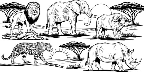 African Wildlife Safari Animals Illustration Set with Lion, Elephant, Buffalo, Leopard, and Rhino on the Savanna © Lcpl