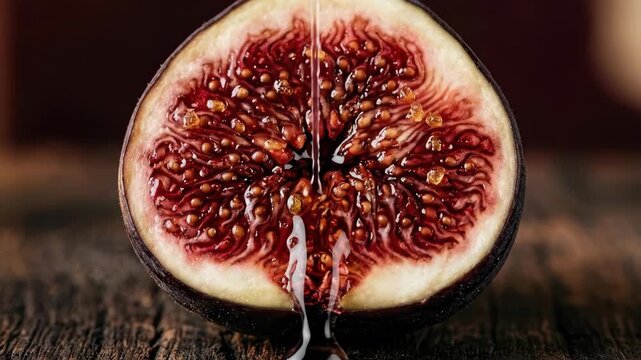 A macro photograph of a fresh fig sliced in half revealing its interior architecture, the dense seed mass surrounded by crimson flesh transitioning to deep burgundy at the center